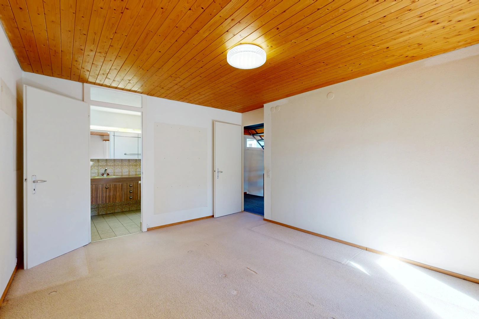 leerer raum mit holzdecke, wood ceiling, teppich, carpet, und gipskartonwand