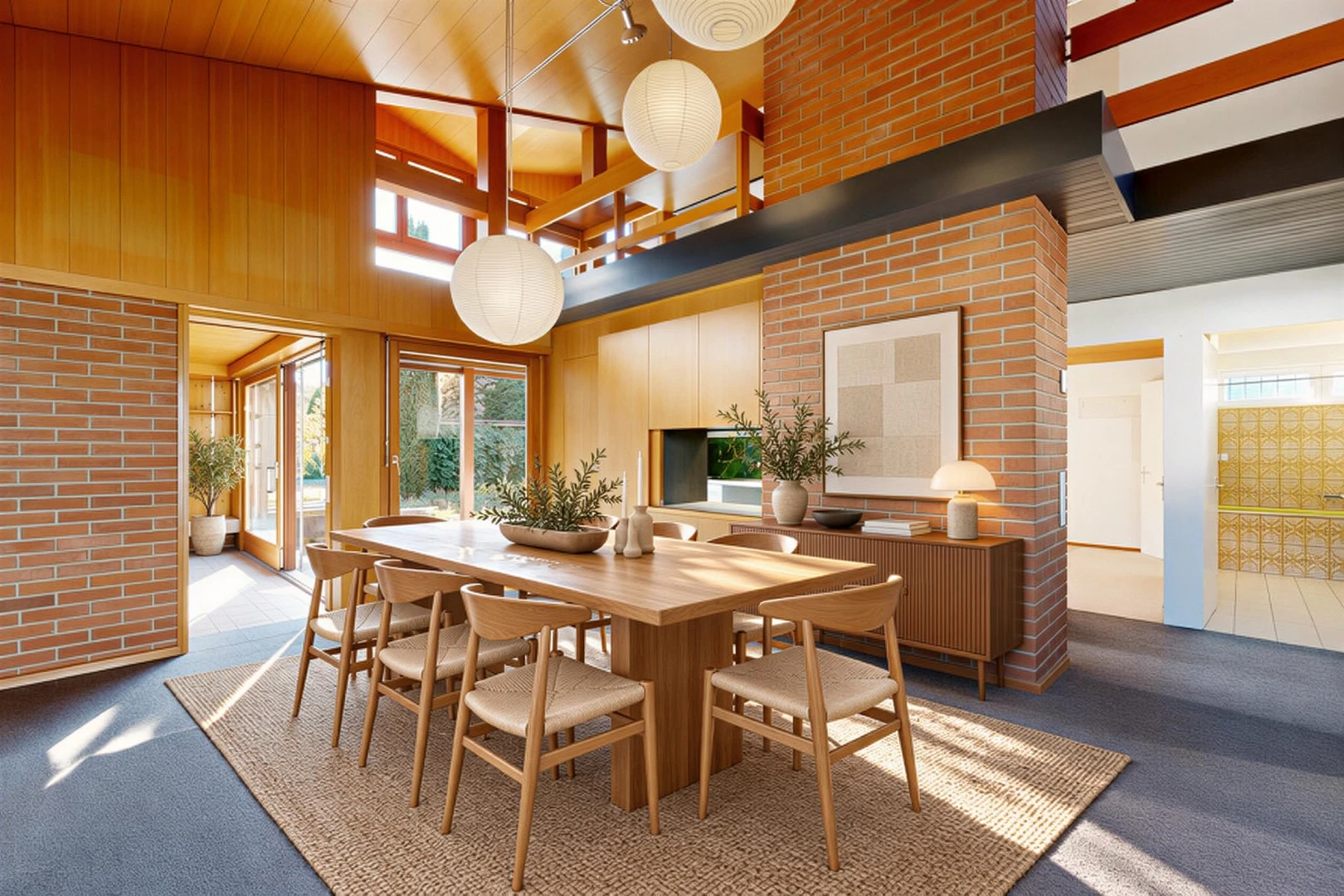 wohnzimmer mit ziegelwand, brick wall, hohe decke, high ceiling, und teppich