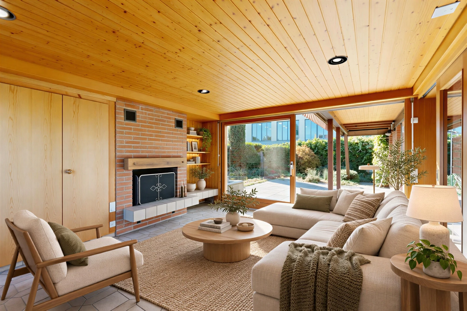 wohnzimmer mit holzdecke, wood ceiling, kamin, außenzugang, und einbauleuchten
