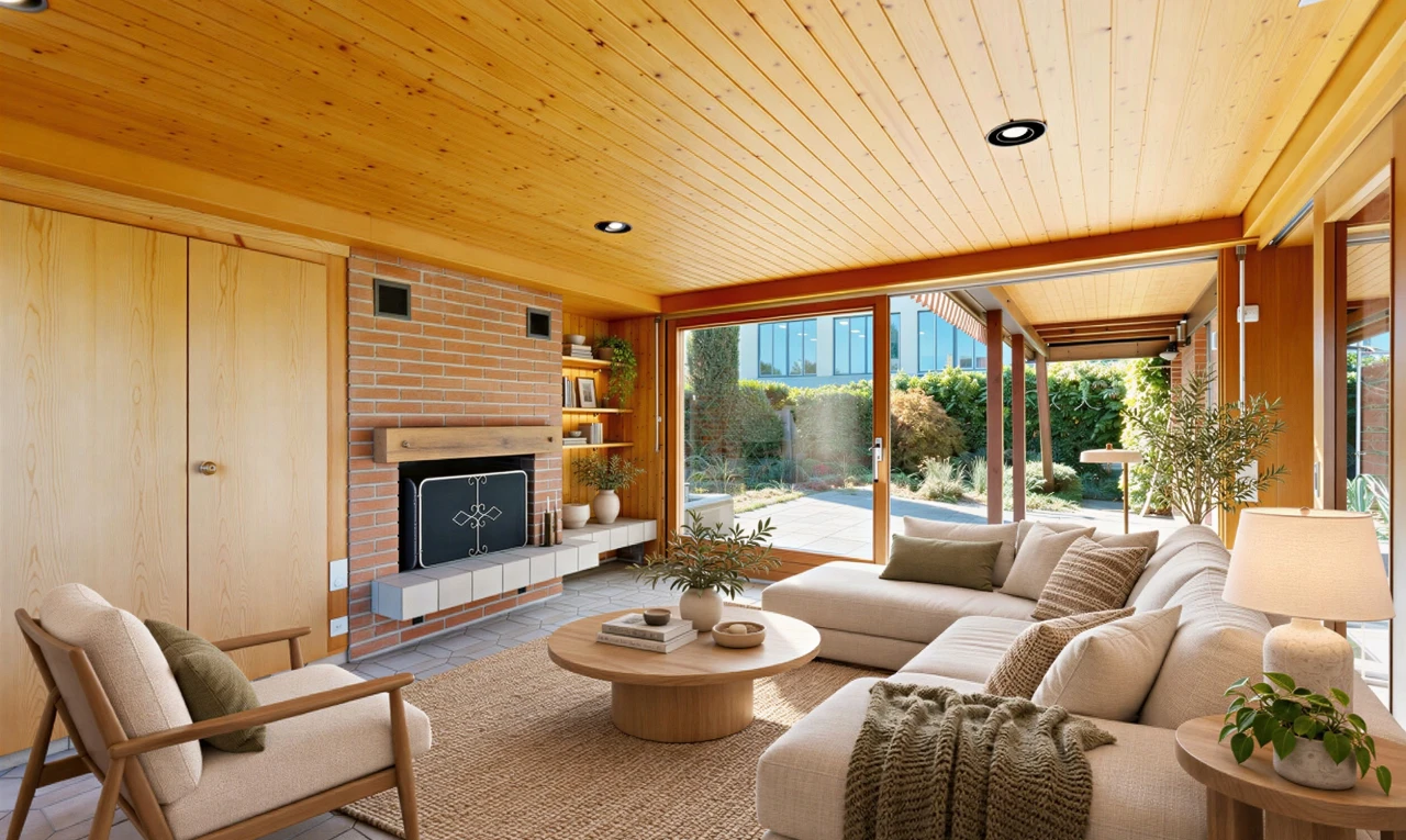 wohnzimmer mit holzdecke, wood ceiling, kamin, außenzugang, und einbauleuchten