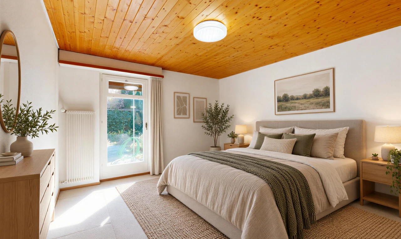 leerer raum mit holzdecke, wood ceiling, außenzugang, kühler, und teppich
