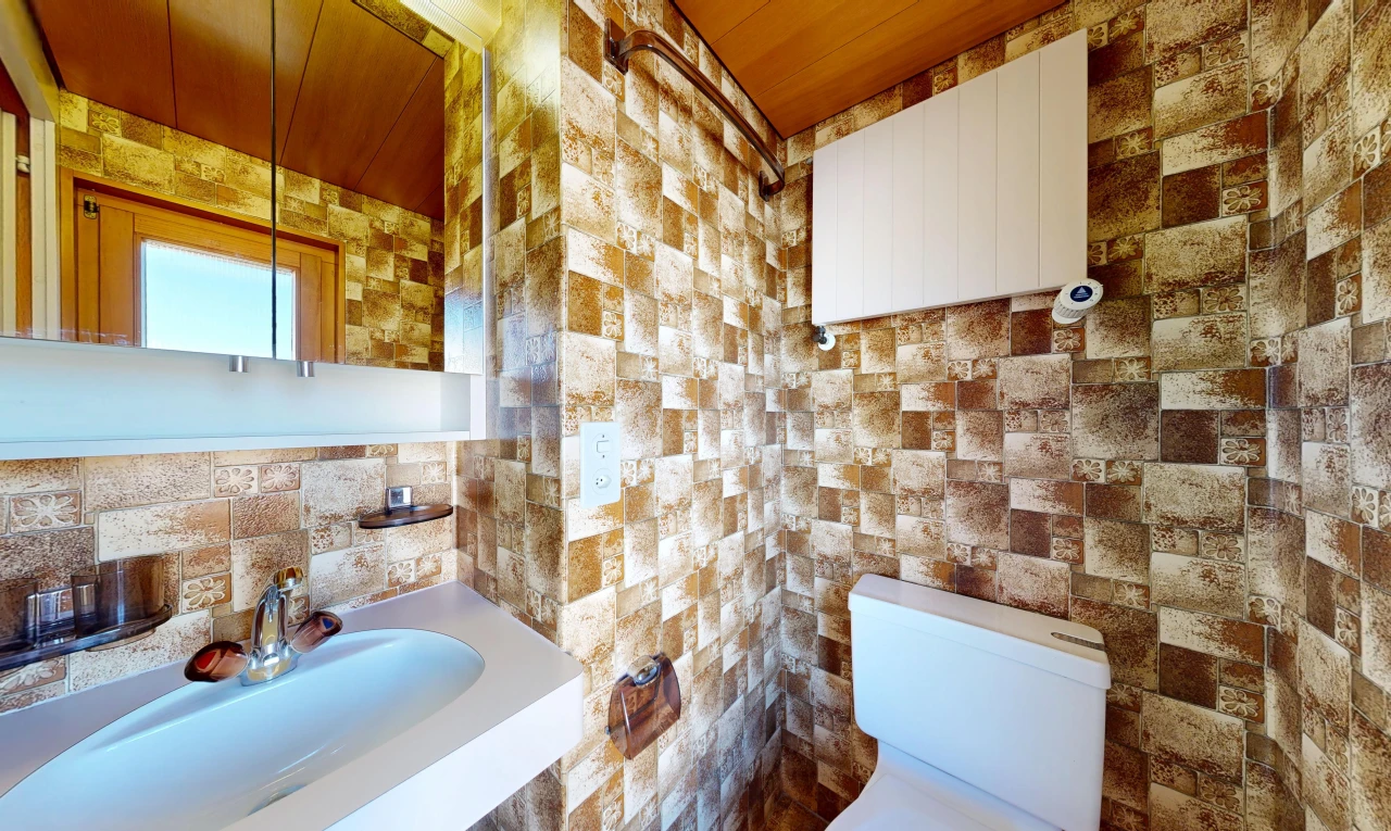 bad mit waschbecken, toilette, spiegel, gäste-wc, und inside property
