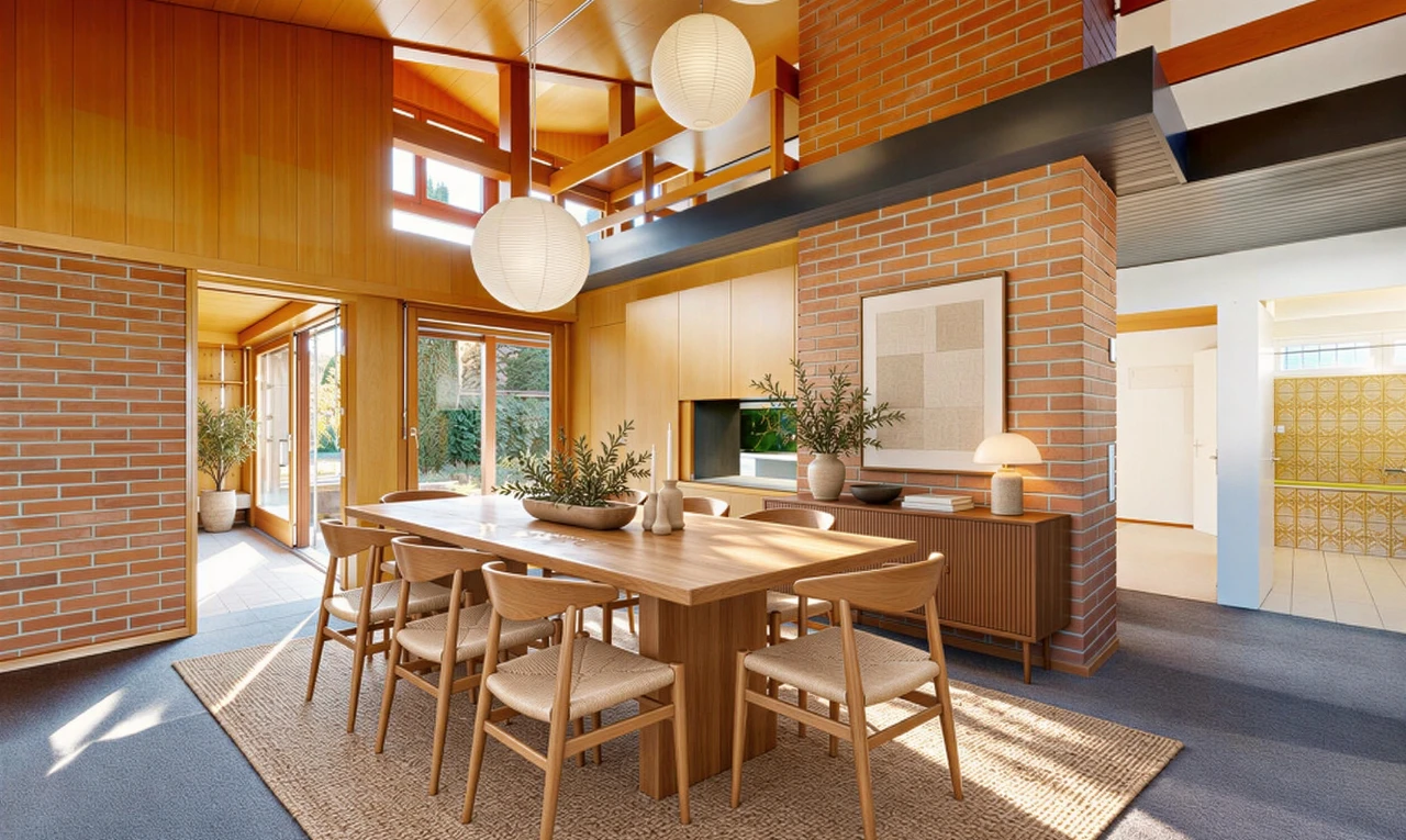 wohnzimmer mit ziegelwand, brick wall, hohe decke, high ceiling, und teppich