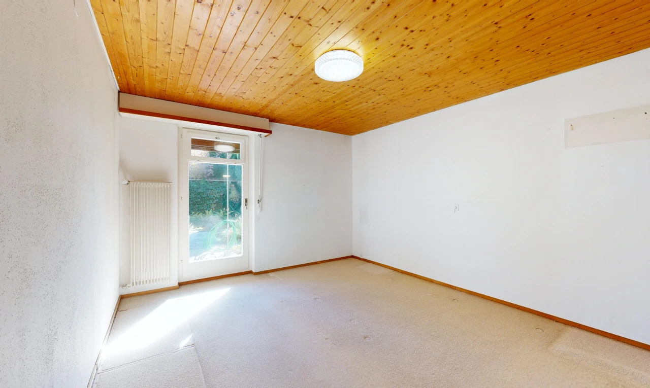 leerer raum mit holzdecke, wood ceiling, außenzugang, kühler, und teppich