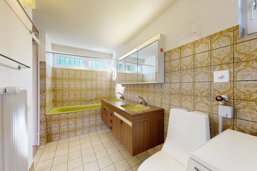 bad mit komplettes badezimmer, fliesenwand, tile wall, toilette, und kühler