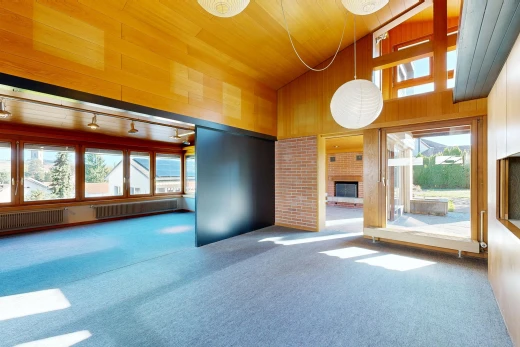 pièce vide avec plafond haut, high ceiling, plafond voûté, vaulted ceiling, et moquette
