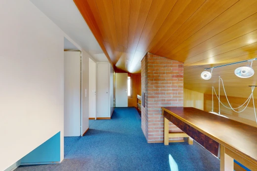 couloir avec plafond bas, low ceiling, pièce supplémentaire, moquette, et carpet
