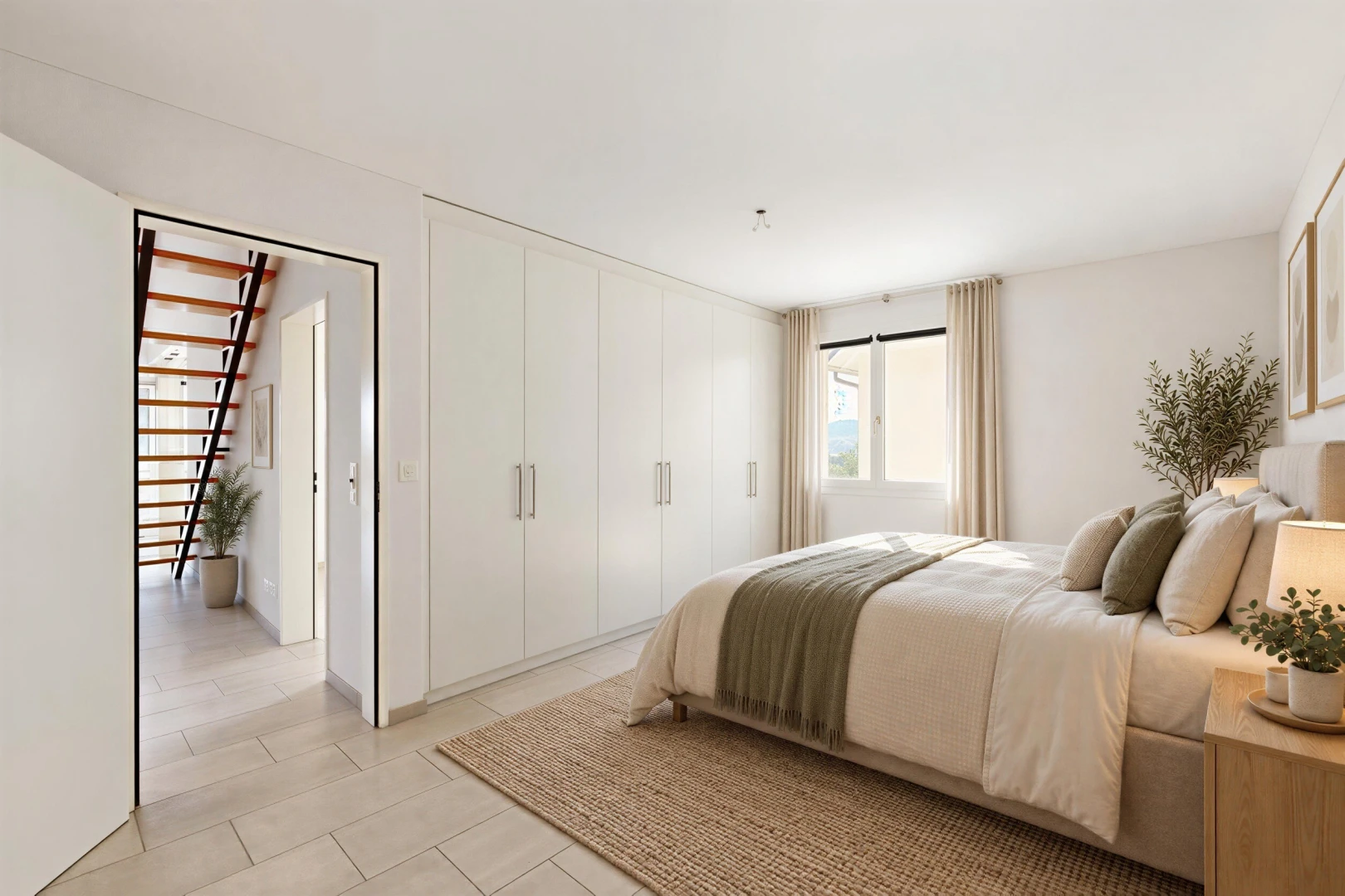zimmer / schlafzimmer mit light floor, virtually staged, treppen, gipskartonwand, und drywall