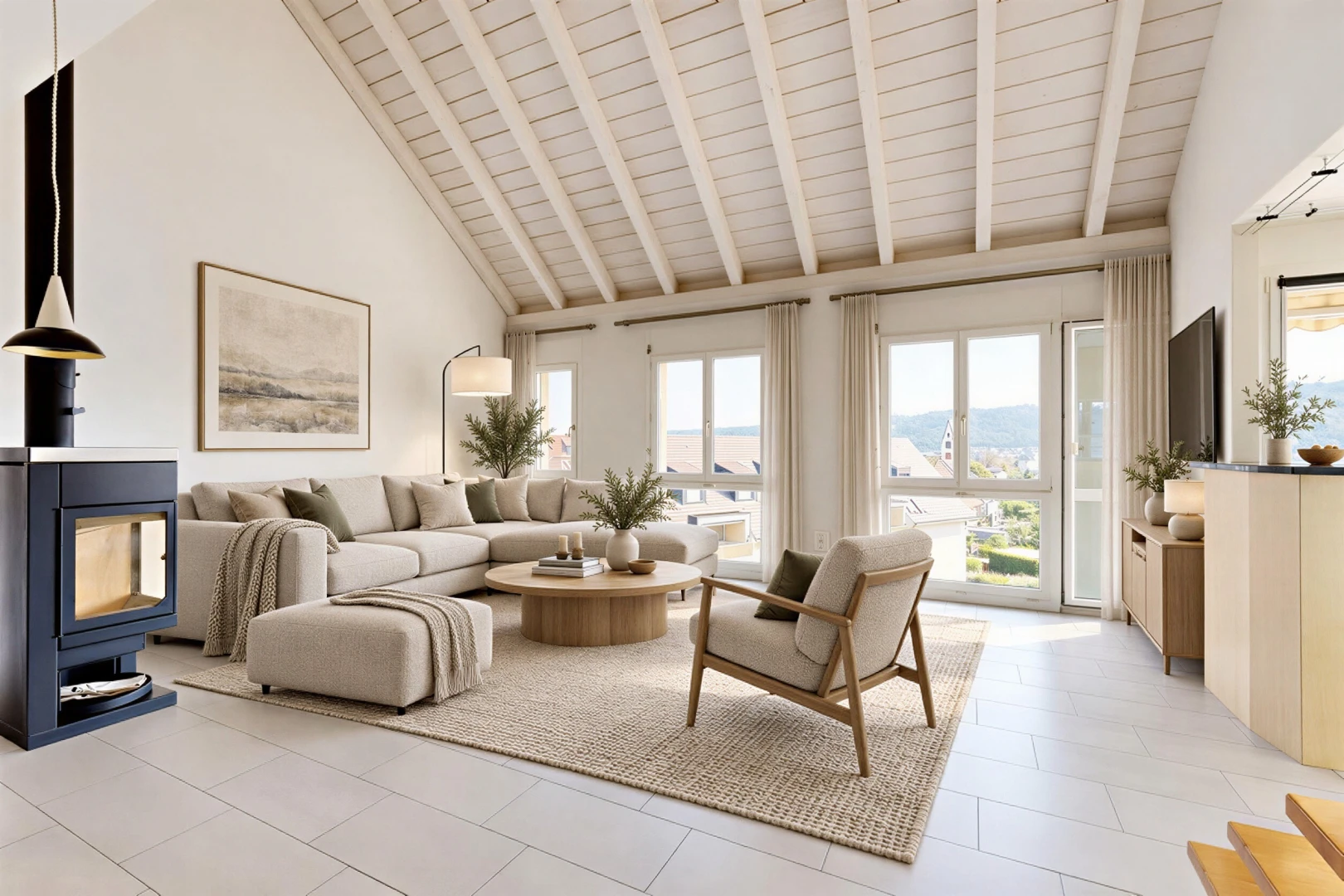 wohnzimmer mit holzofen, hohe decke, high ceiling, high end ceiling, und dachschräge