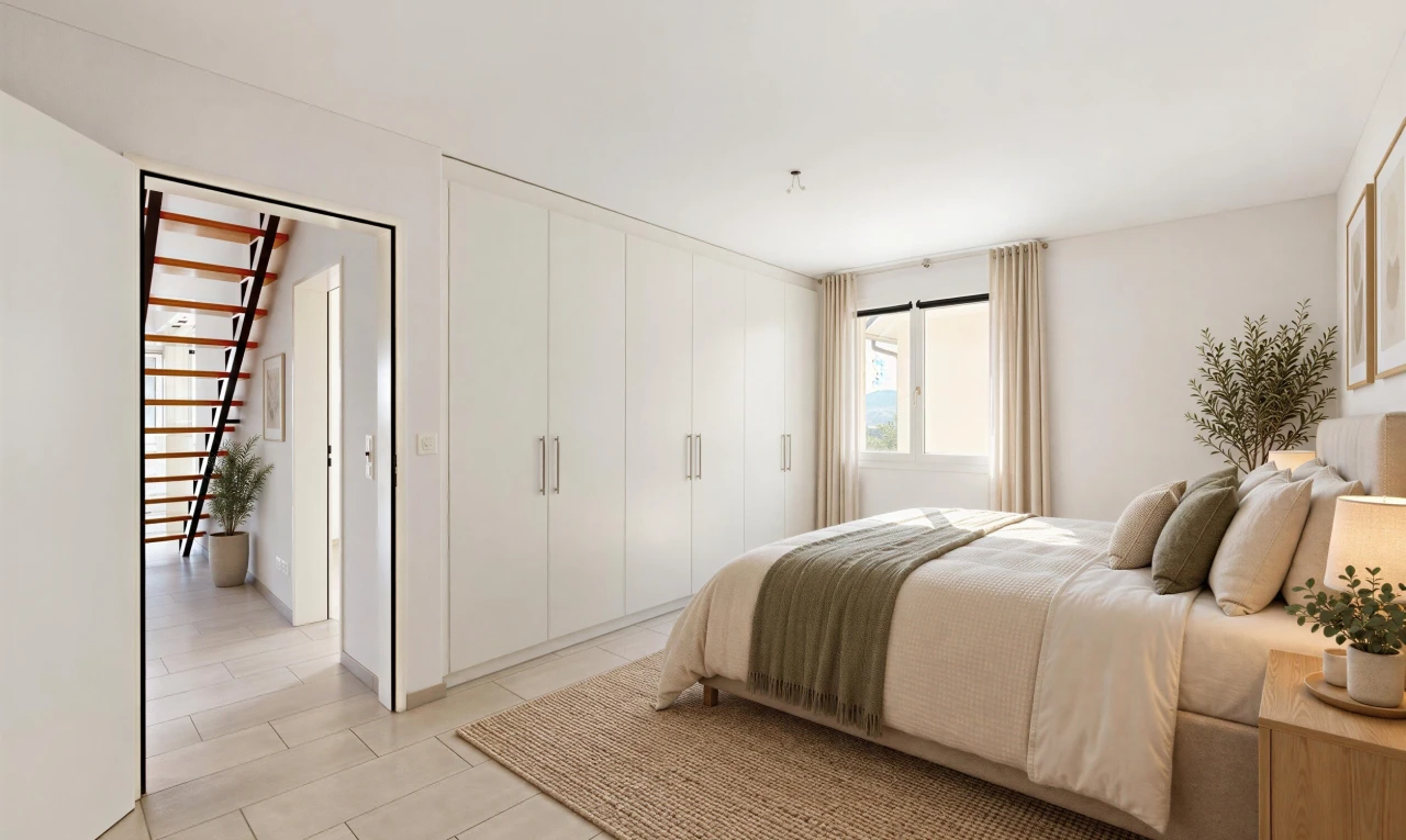 zimmer / schlafzimmer mit light floor, virtually staged, treppen, gipskartonwand, und drywall