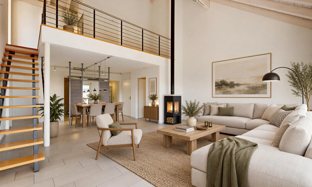 wohnzimmer mit treppen, holzofen, high ceiling, hohe decke, und high end ceiling