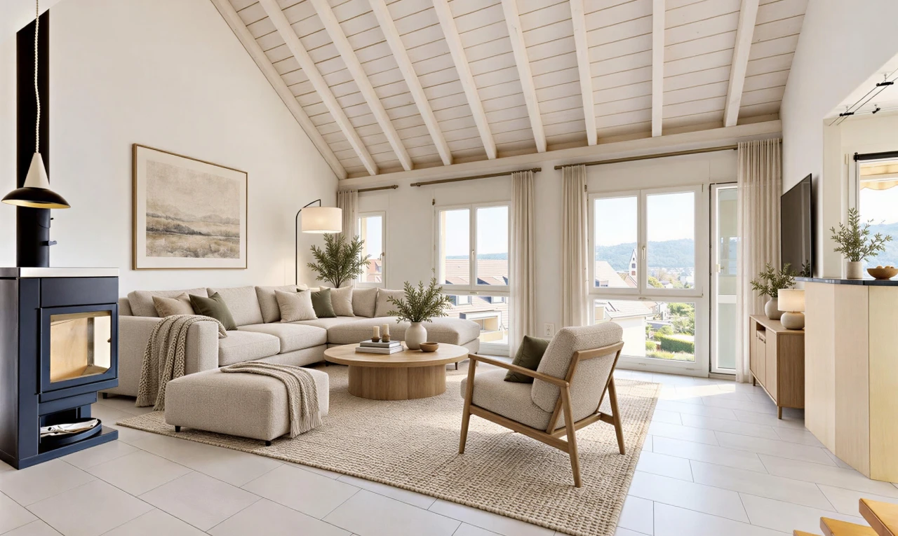 leerer raum mit hohe decke, high ceiling, holzofen, natürliches licht, und natural light