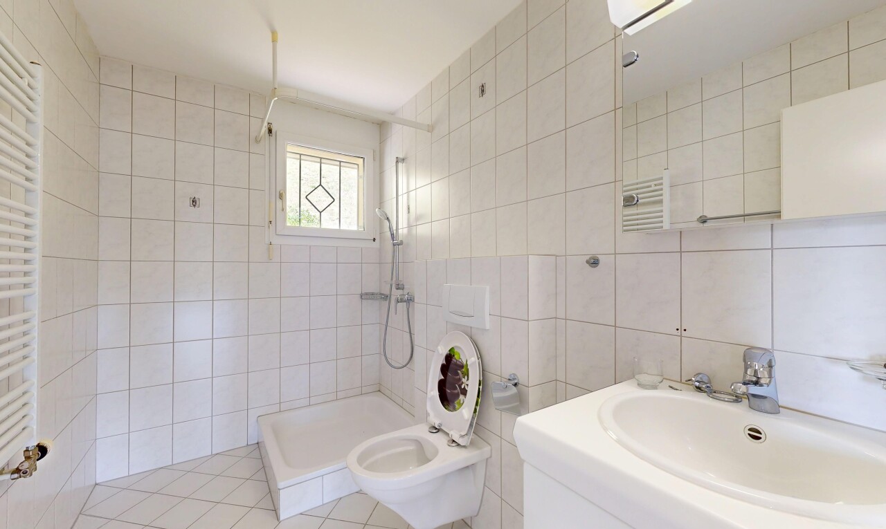 bad mit dusche, komplettes badezimmer, spiegel, waschbecken, und fliesenwand