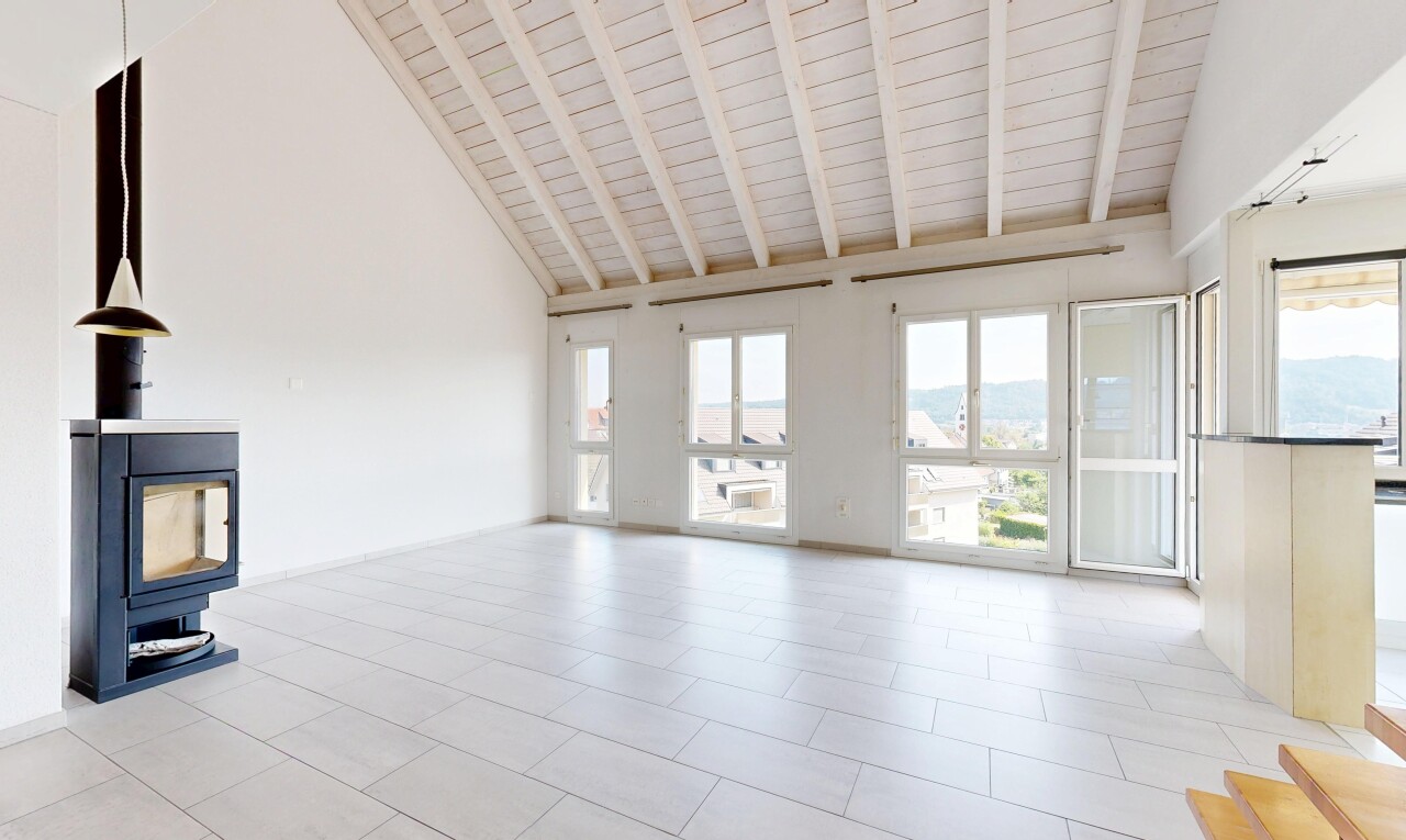 leerer raum mit hohe decke, high ceiling, holzofen, natürliches licht, und natural light