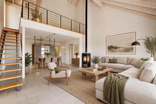 wohnzimmer mit treppen, holzofen, high ceiling, hohe decke, und high end ceiling