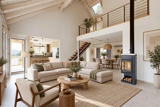 wohnzimmer mit light floor, holzofen, inside property, natürliches licht, und natural light