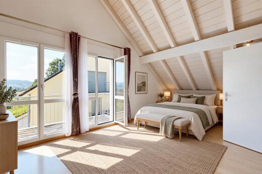 room / bedroom with access to exterior, lofted ceiling with beams, light wood-type flooring, and wood ceiling