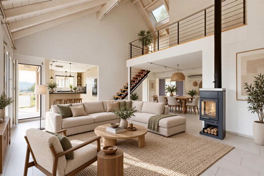 living room featuring vaulted ceiling, access to outside, pendant lighting, and light tile patterned flooring