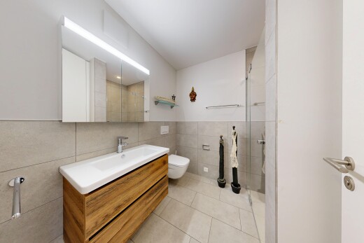 bad mit tile wall, fliesenwand, komplettes badezimmer, spiegel, und dusche