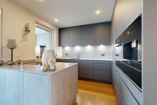 küche mit gray cabinets, graue schränke, light floor, flat panel cabinets, und schränke mit flachen paneelen