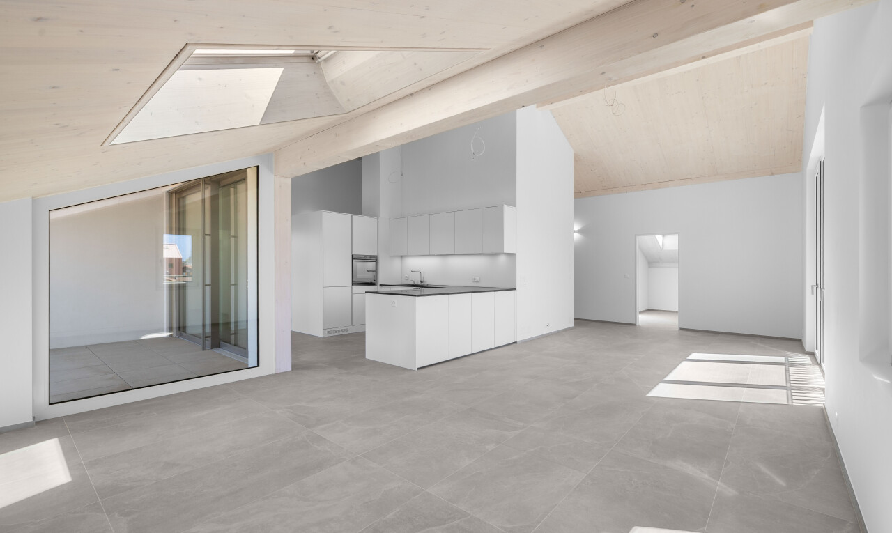 küche mit opens to living area, öffnet sich zum wohnraum, vaulted ceiling, dachschräge, und white cabinets
