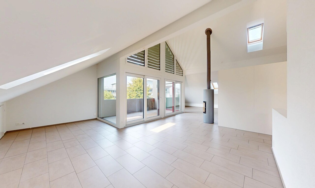 pièce vide avec puits de lumière, plafond voûté, vaulted ceiling, lumière naturelle, et natural light