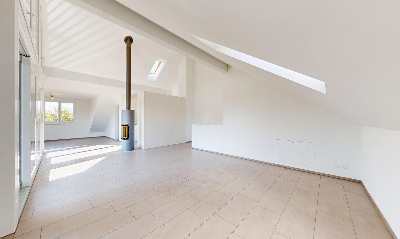 pièce vide avec vaulted ceiling, plafond voûté, beamed ceiling, plafond à poutres, et puits de lumière