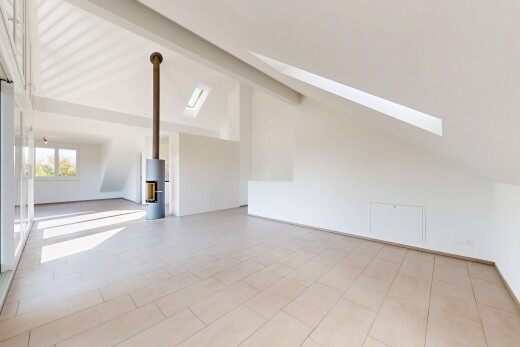 pièce vide avec vaulted ceiling, plafond voûté, beamed ceiling, plafond à poutres, et puits de lumière