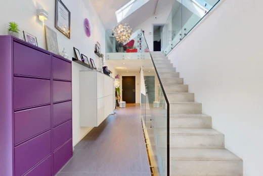 escaliers avec haut plafond, plafond voûté, et lucarne
