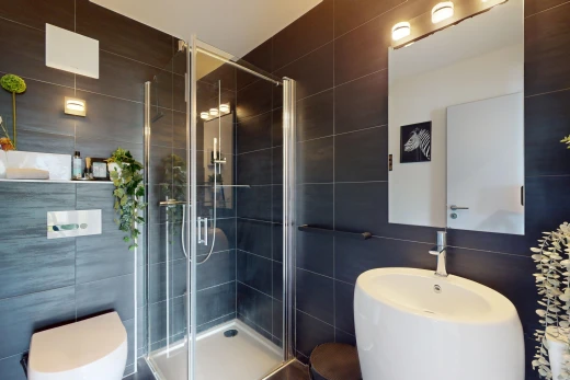 salle de bains avec mur carrelé, toilettes, miroir, et douche