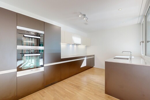 küche mit durchgangsküche, schränke mit flachen paneelen, wood finish floor, holzfußboden, und weiße schränke