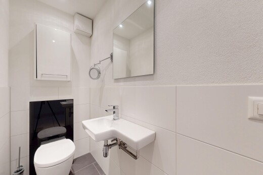 bad mit spiegel, gäste-wc, inside property, toilette, und fliesenwand