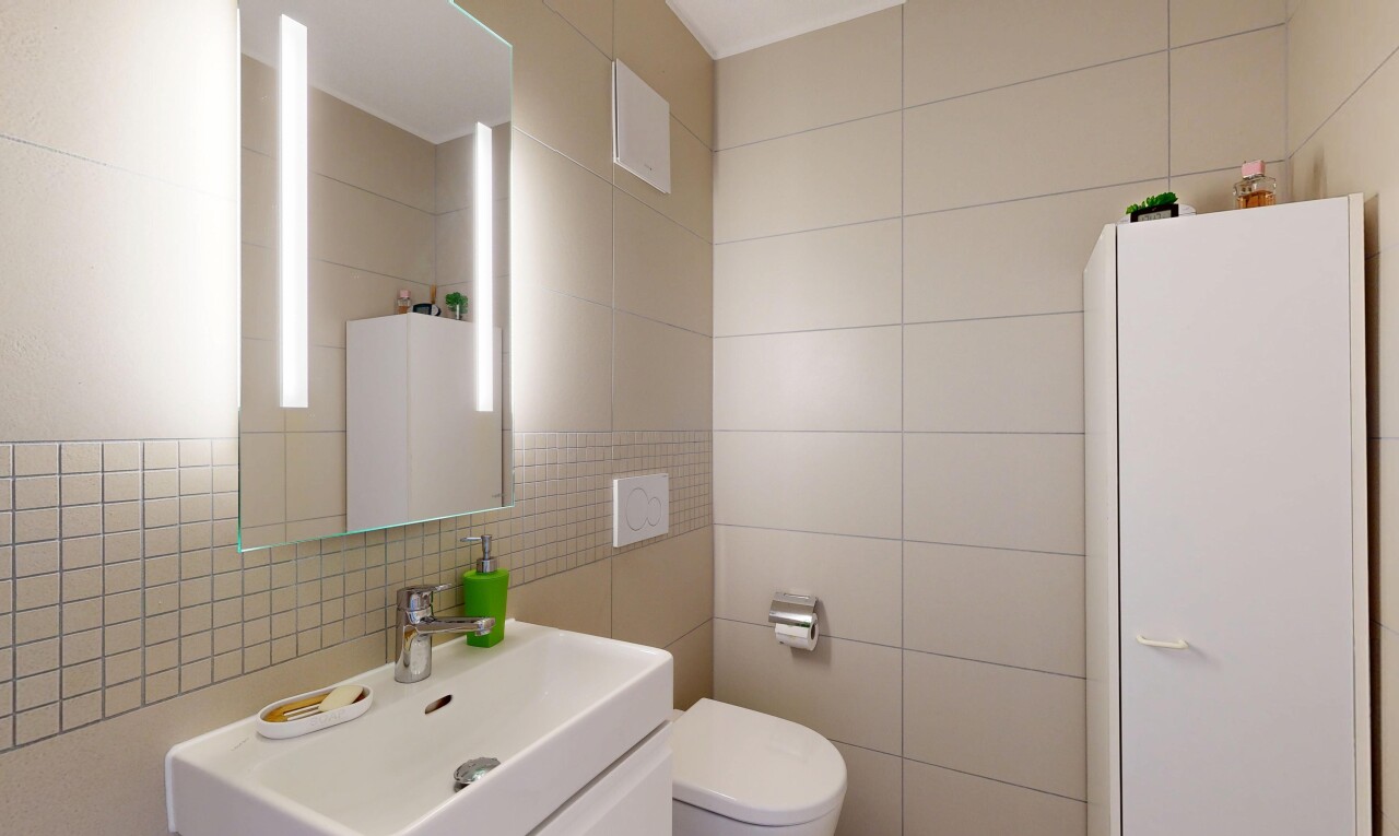 salle de bains avec mur en carrelage, tile wall, toilette, évier, et miroir