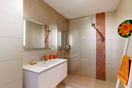 bad mit dusche, schminktisch, tile wall, fliesenwand, und komplettes badezimmer