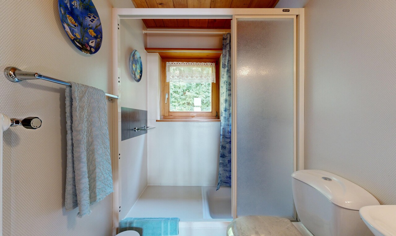 salle de bains avec douche, salle de bain complète, toilette, et inside property
