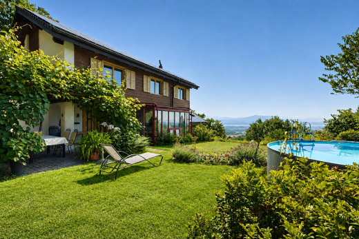 garden featuring an outdoor pool and a lawn
