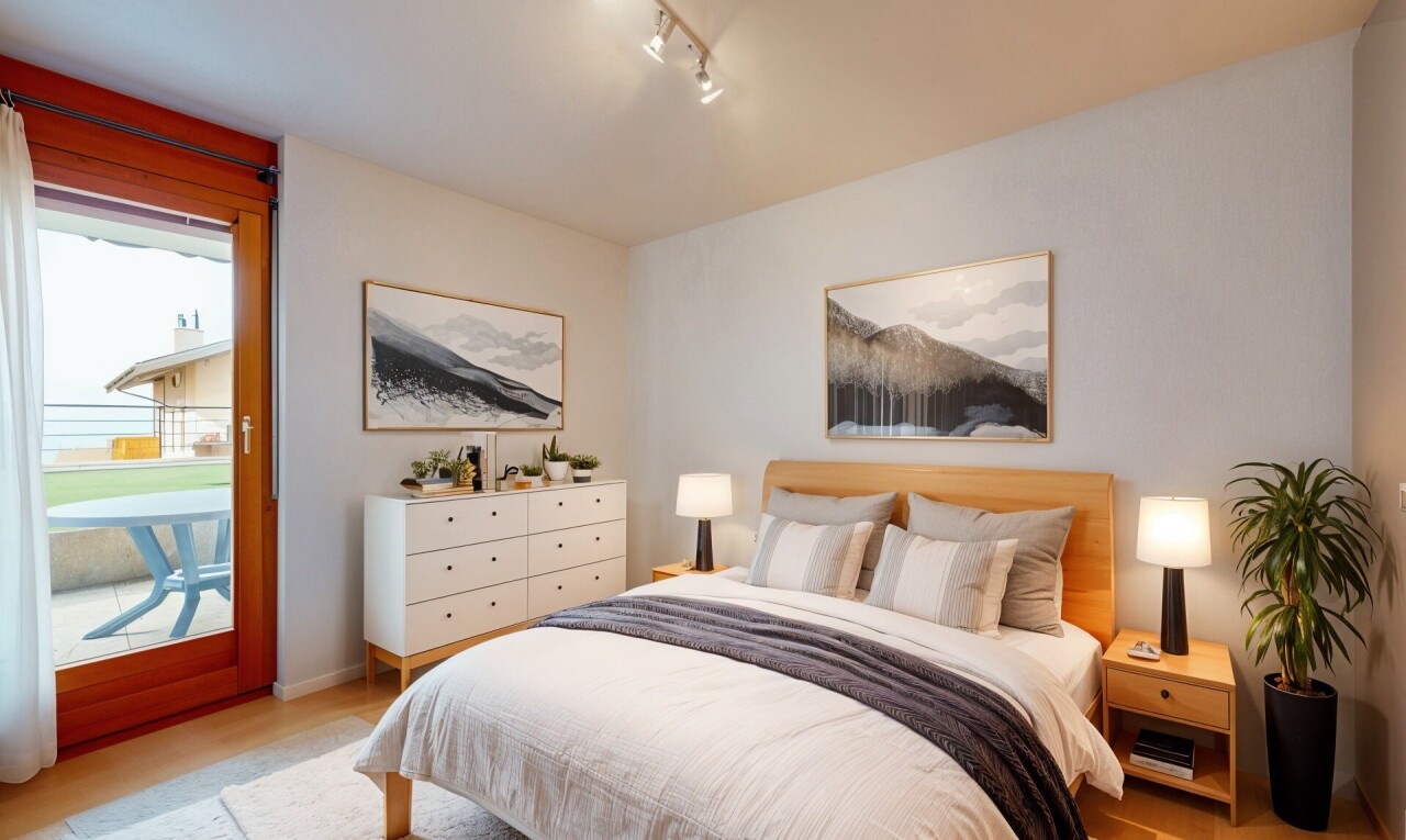 room featuring light wood-style floors, access to outside, and track lighting