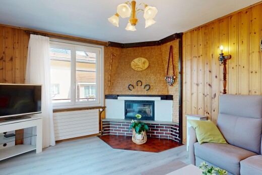 salon avec dated wood wall, mur en bois, wood wall, télévision, et cheminée