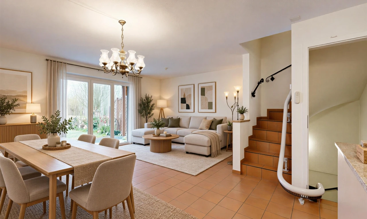 leerer raum mit treppen, inside property, light floor, drywall, und gipskartonwand