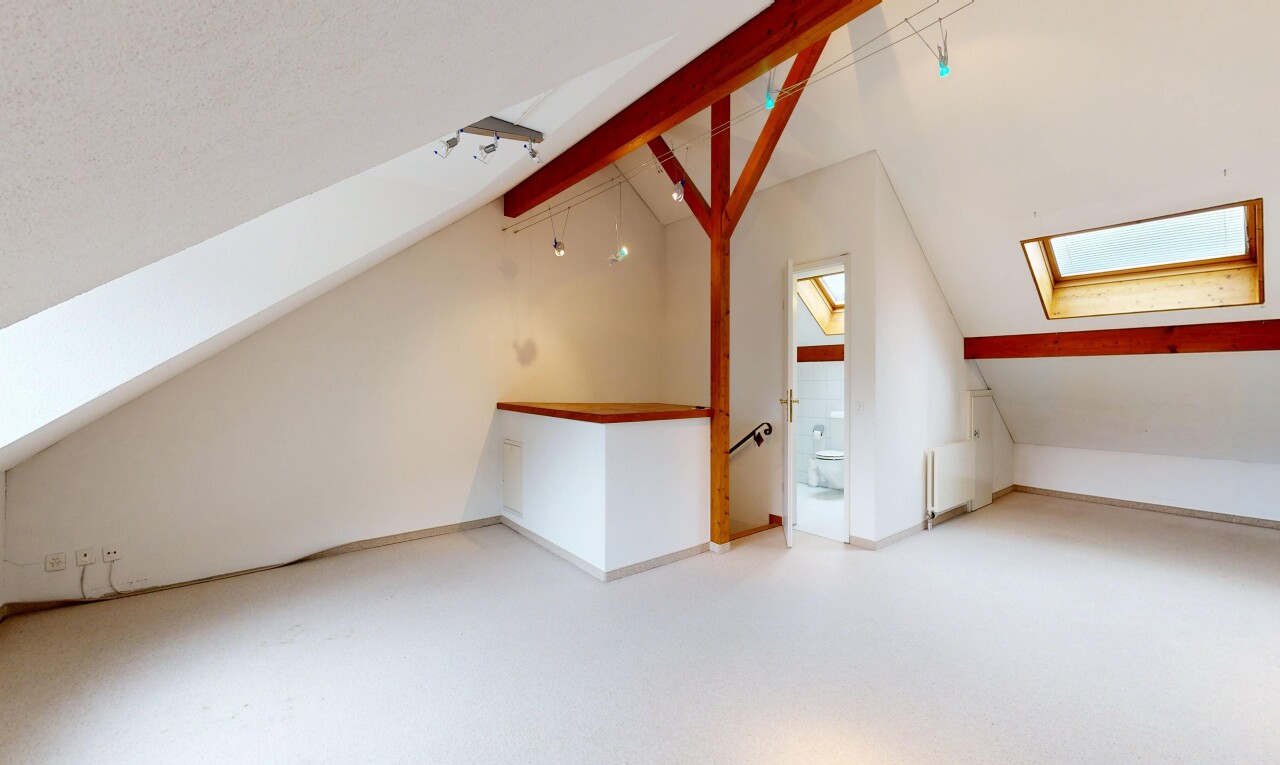leerer raum mit dachfenster, dachschräge, vaulted ceiling, deckenbeleuchtung, und track lighting