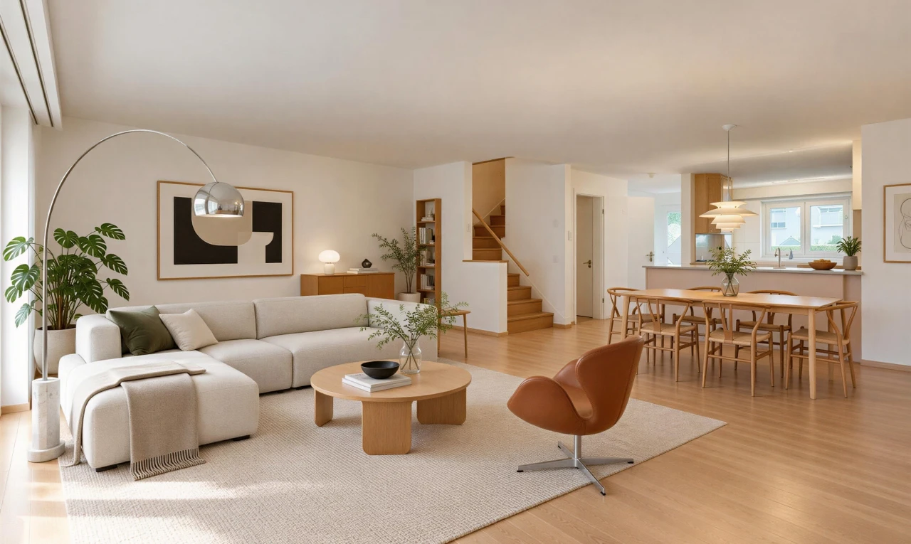 wohn- / esszimmer mit treppen, drywall, gipskartonwand, wood finish floor, und holzfußboden