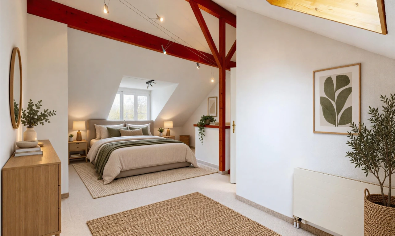 zimmer / schlafzimmer mit deckenbeleuchtung, high end ceiling, dachschräge, vaulted ceiling, und gipskartonwand
