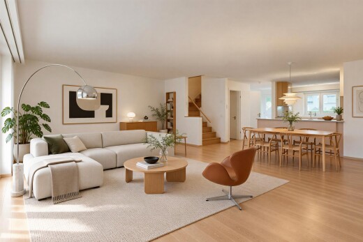 salon / salle à manger avec escaliers, drywall, cloison sèche, wood finish floor, et sol en finition bois