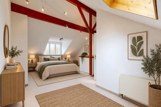 chambre avec éclairage sur rail, high end ceiling, plafond voûté, vaulted ceiling, et cloison sèche