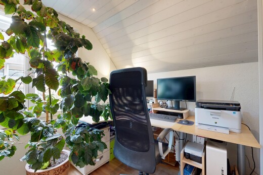 büro mit bürobereich, inside property, fernseher, vaulted ceiling, und dachschräge