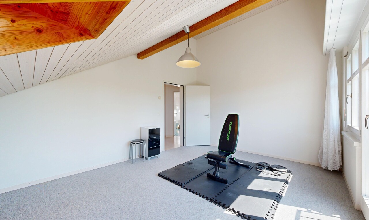 fitnessstudio mit dachschräge, vaulted ceiling, holzdecke, wood ceiling, und teppich