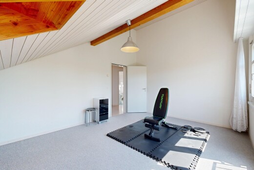 fitnessstudio mit dachschräge, vaulted ceiling, holzdecke, wood ceiling, und teppich