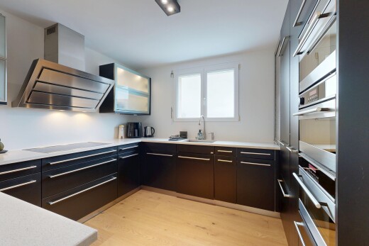 küche mit dunstabzugshaube, natural light, natürliches licht, schränke mit flachen paneelen, und wood finish floor