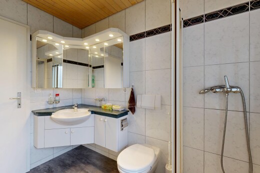 salle de bains avec lavabo (ou coiffeuse selon le contexte), tile wall, mur en carrelage, salle de bain complète, et toilette