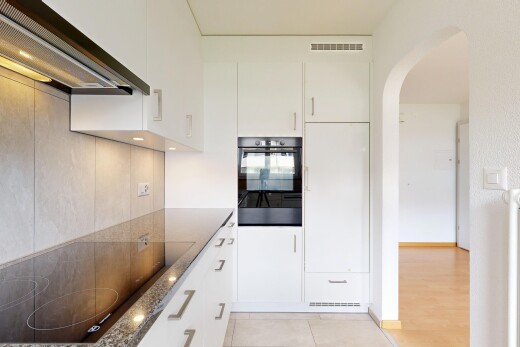 küche mit dunstabzugshaube, ofen, herd, weiße schränke, und gewölbte gehwege